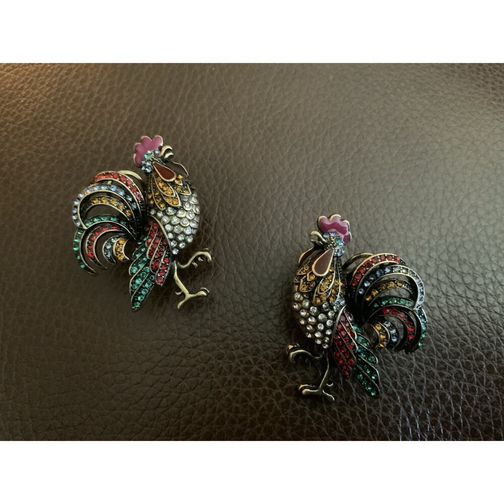 Rooster Bird Earrings VTG Museum Court Art Gold Antique Deco CZ Boho Stud Retro - Picture 5 of 9